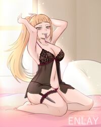 1girls bangs bed bedroom black_lingerie blonde_hair blush breasts enlay female female_only himiko_toga inviting kneeling knife legs lingerie long_hair looking_at_viewer medium_breasts my_hero_academia navel negligee on_bed pillow seductive solo teasing thick_thighs thighs tied_hair window yellow_eyes