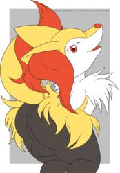 1boy 2014 abstract_background anthro anus ass back bent_over big_ass black_fur braixen canine digital_media_(artwork) femboy fox fur furry grey_background hi_res inner_ear_fluff looking_at_viewer looking_back male male_only mammal mrpandragon nintendo open_mouth orange_eyes orange_nose pokémon_(species) pokemon pokemon_(species) pokemon_xy presenting raised_tail red_fur simple_background smile solo standing tail teeth testicles text thick_thighs tumblr url video_games watermark white_border white_fur wide_hips yellow_fur