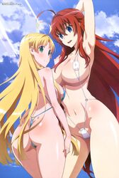 2girls antenna_hair armpits asia_argento ass back_view beach blonde_hair blue_eyes breasts front_view green_eyes high_school_dxd high_school_dxd_hero large_breasts long_hair micro_bikini multiple_girls navel posing red_hair rias_gremory sky_background sling_bikini smooth_skin