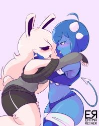 2girls artist_signature blue_body blue_hair bunny clubette ehtma_reiner eyelashes female female_only femgram geometry_dash horn kissing safe sfw thigh_highs thighs yuri