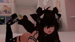 animal_ears black_hair butt_out garters green_eyes heels horns laying_on_stomach ripped_thighhighs tail tongue_out top_only vrchat vrchat_avatar
