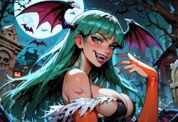 ai_generated areola_slip bat_ears bat_wings bats breasts cleavage darkstalkers fangs female green_eyes green_eyeshadow green_hair makeup manofmidas morrigan_aensland pantyhose purple_lips purple_lipstick sideboob