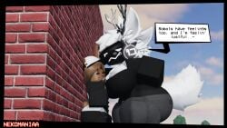 1boy 1girls 3d ass breasts brown_fur bulge clothed english_text female furry furry_only larger_female male male/female nekomaniaa protogen rabbit roblox roblox_avatar robloxian self_upload size_difference smaller_male smug speech_bubble suggestive text thighs white_fur