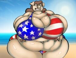 1girls american_flag american_flag_bikini american_piggy_girl anthro beach belly bikini breasts brown_eyes brown_hair cleavage fat female female_focus female_only furry hips hyper hyper_breasts large_breasts overweight overweight_female pig snout stomach thick_thighs thighs virus-20 wide_hips