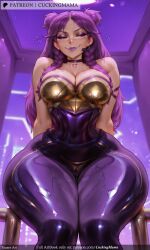 ai_generated arms_behind_back breasts choker cleavage cuckingmama earrings female jewelry k/da_ kai'sa large_breasts lips long_hair looking_at_viewer purple_eyes purple_hair sitting smile solo tagme thick_thighs thighs wide_hips