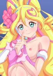 blonde_hair blue_background blue_eyes choker closed_mouth collar cure_idol detached_sleeves female fingerless_gloves gloves headset idol kimi_to_idol_precure long_hair looking_at_viewer magical_girl nipples one_breast_out pink_choker pink_gloves pink_sports_bra precure pretty_cure sakura_uta simple_background smile solo sports_bra tenrai_(temple) very_long_hair wavy_hair white_sleeves