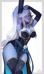 1girls absurd_res arm_sleeves arm_up bite_mark bite_mark_on_arm blue_skin braid dress elf elf_ears elf_female eyelashes female female_only hair_ribbon hand_on_head kiss_mark kiss_mark_on_breast kiss_mark_on_face legwear lipstick_mark lipstick_on_breast lipstick_on_face long_hair looking_at_viewer maewix1 orange_eyes solo thick_thighs white_background white_hair wide_hips wink winking_at_viewer