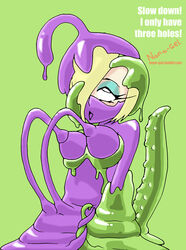 1girls ahe_gao ambiguous_gender breasts eyeshadow female hi_res human humanoid hypno_goo hypnosis interspecies makeup milking_tentacles mind_control nana_gel penetration restrained rolling_eyes rubber slime slime_pit solo tentacle tentacle_sucking_breasts text translucent url watermark