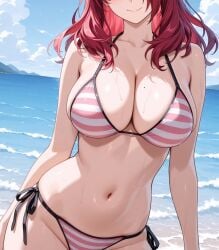 1girls 2025 ai_generated beach belly female instagram light-skinned_female light_skin light_skinned_female looking_at_viewer meta pink_and_white_bikini pink_bikini red_hair side-tie_bikini smile_at_viewer smiling_at_viewer striped_bikini ten01c tummy unknown_character wet_bikini wet_body wet_skin white_bikini