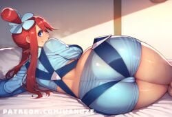 ai_generated big_ass big_breasts big_butt big_thighs blue_eyes blush flower_in_hair from_behind huge_ass huge_breasts huge_butt huge_thighs lying on_bed on_side pokemon red_eyes skyla_(pokemon) wanuze wide_hips