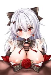 1boy 1girls bar_censor bat_hair_ornament blush breasts breasts_out censored closed_mouth dark-skinned_male earrings eyebrows_visible_through_hair female hair_between_eyes hair_ornament hairbow honkai_impact_3rd large_breasts looking_at_viewer male navel nipples paizuri pixiv_15235472 red_eyes rose rose_(flower) smile theresa_apocalypse theresa_apocalypse_(lunar_vow:_crimson_love) titjob tittyfuck white_background white_hair