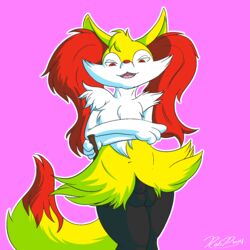 1boy 2014 animal_genitalia anthro black_fur braixen canine digital_media_(artwork) femboy fox fully_sheathed fur furry girly hi_res inner_ear_fluff kurama_the_braixen looking_at_viewer male male_only mammal mrpandragon navel nintendo open_mouth original_character pokémon_(species) pokemon pokemon_(species) pokemon_xy purple_background red_eyes red_fur sheath simple_background smile solo standing stick tail teeth testicles text tongue tumblr video_games watermark white_border white_fur yellow_fur