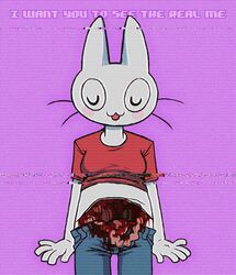 anthro blood blush closed_eyes clothed clothing cuteosphere dialogue english_text female fur gore grotesque its_just_a_flesh_wound jeans lagomorph long_ears mammal original original_character pants rabbit shirt solo text tongue