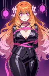 ai_generated black_legwear black_suit breasts creamy_ai female hypnosis ishmael_(limbus_company) large_breasts limbus_company orange_hair pink_ribbon pink_shoes_(limbus_company) possession project_moon thick_thighs valkris9 wide_hips