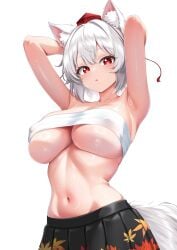 animal_ears armpits breasts female leo23 momiji_inubashiri navel red_eyes tail touhou white_hair