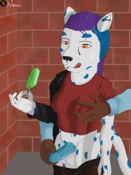 absurd_res anthro balls belt big_penis blue_hair blue_penis bottomwear bottomwear_down breast_grab breast_touch breasts clothed clothing duo ear_piercing erection eyebrow_piercing facial_piercing felid female food fur futanari genitals gynomorph hair hand_on_breast hi_res humanoid_genitalia intersex intersex/male isabelle_(nibisu) jacket knot knotted_penis leather leather_clothing leather_jacket leather_topwear male male/female mammal navel nibisu nipples pantherine pants pants_down partially_clothed penis penis_touching piercing popsicle purple_hair shirt simple_background snow_leopard t-shirt tail tongue tongue_out tongue_piercing topwear underwear underwear_down white_body white_fur