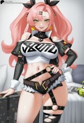 ai_generated breasts_apart crop_top detached_sleeves dripping earrings green_eyes hairbow hand_on_own_hip hi_res highres large_breasts long_hair looking_at_viewer nail_polish nicole_demara open_mouth pink_hair primosan puffy_short_sleeves pussy_juice single_thighhigh smile standing twintails yellow_earrings zenless_zone_zero