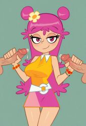 1boy 1girls ai_generated ami ami_onuki bedroom_eyes big_breasts breasts cartoon_network clothed crossover daniel_lamb female handjob hi_hi_puffy_amiyumi leo_kasper male manhunt_2 multiple_penises penis rockstar_games seductive smile warner_brothers