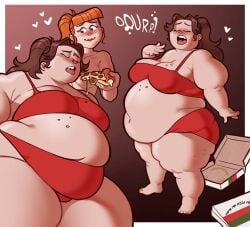 bbw big_belly bra breasts burping cherry_(cyorck) cyorck fat fat_female fat_fetish feederism feeding huge_belly oc original original_character overweight pizza underwear yuri