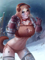 1girls adeptus_astartes armor background bell_collar black_carapace blue_eyes braided_hair breasts brown_hair clawed_gloves cleavage cleavage_cutout collar facial_tattoo fake_animal_ears fake_tail female female_only female_space_marine gloves imperium_of_man midriff navel panties pauldrons pinup power_armor rule_63 sci-fi science_fiction scifi side-tie_panties snow solo solo_female solo_focus space_marine space_wolves tattoo themaestronoob thighhighs tubetop underwear warhammer_(franchise) warhammer_40k