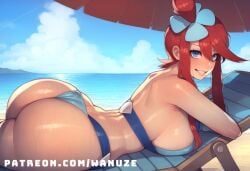 ai_generated beach big_ass big_breasts big_butt big_thighs bikini blue_eyes blush flower_in_hair from_behind huge_ass huge_breasts huge_butt huge_thighs lying on_chair pokemon red_eyes skyla_(pokemon) umbrella wanuze wide_hips