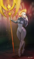 1girls axe bald_female ballet_boots ballet_heels ballet_shoes big_weapon bondage bondage_harness bondage_outfit cleric divine dungeons_and_dragons female female_human female_only feuroart latex latex_bodysuit latex_clothing latex_suit long_legs nun nun's_habit nun_outfit oc priest rubber_clothing rubber_suit shaved_head shaved_pussy shiny_clothes thick_legs tongue very_high_heels