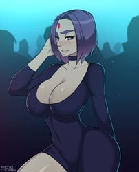 1girls big_breasts blush breasts choker cleavage collarbone dc dc_comics female female_only foxicube goth large_breasts looking_at_viewer rachel_roth raven_(dc) shiny_skin smile smooth_skin solo solo_female tagme teen_titans thick_thighs thighs