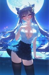 absurd_res ai_generated alternate_costume arm_support backlighting black_bow black_skirt black_thighhighs blue_bow blue_skirt blue_sky blurry blurry_background blush bokeh bow braid breasts breasts_apart building button_gap buttons center_opening city city_lights cityscape cleavage clothes_lift collarbone collared_shirt cone_hair_bun contemporary contrapposto cowboy_shot diamond-shaped_pupils diamond_(shape) double_bun dress_shirt earrings female floating_hair flower full_moon genshin_impact glint hair_between_eyes hair_bun hair_flower hair_intakes hair_ornament hairbow hairclip hand_on_own_chest hand_up head_tilt heart heart-shaped_pupils high-waist_skirt huge_moon jewelry keqing_(genshin_impact) large_breasts leaning_to_the_side lens_flare light_particles long_hair looking_at_viewer medium_breasts miniskirt ministro mole mole_on_breast moon moonlight neck_tassel night night_sky no_bra open_clothes open_mouth open_shirt outdoors parted_lips partially_unbuttoned pink_eyes pleated_skirt purple_bow purple_eyes purple_hair railing rooftop school_uniform see-through see-through_shirt see-through_silhouette shirt shirt_tucked_in short_sleeves sidelocks skindentation skirt skirt_lift sky skyline skyscraper smile solo standing star_(sky) starry_sky swept_bangs symbol-shaped_pupils teeth thighhighs thighs twintails unbuttoned unbuttoned_shirt upper_teeth_only very_long_hair white_flower white_shirt wind wind_lift wing_collar zettai_ryouiki