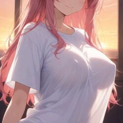 2025 ai_generated breasts female instagram looking_at_viewer meta pink_hair pink_hair_female smile_at_viewer smiling_at_viewer sunset_background ten01c unknown_character white_shirt