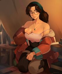 1girls alma_(monster_hunter_wilds) bare_shoulders big_breasts breasts cleavage collarbone dark_hair eyebrows female female_only glasses hairband hand_on_chest indoors inside kneeling light-skinned_female light_skin lips long_hair looking_at_viewer mole mole_under_eye monster_hunter_wilds necklace no_bra nose off_shoulder partially_clothed round_glasses smile solo squeezable tent topwear white_topwear yellow_eyes
