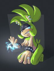 angry_face black_underwear blush bracelet ear_piercing earrings exposed_breasts female_only idw_publishing lightning nipple_piercing nipples nude_female on_knees rings sega sharp_teeth solo_focus sonic_(series) sonic_the_hedgehog_(idw) sonic_the_hedgehog_(series) starstash surge_the_tenrec thong