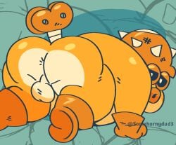 anthro arthropod_humanoid artist_name ass background balls belly black_sclera brawl_stars cartoony chubby_male colored_sketch crustacean fat gloves_and_boots_only hank's_tank_(brawl_stars) humanoid laying_on_ground living_machine looking_at_viewer looking_pleasured male male_solo mechanical_tail military_helmet monochrome on_fours orange_body pattern_background showing_ass showing_balls solo somehornydud3 spiked_hat tagme tail wind_up