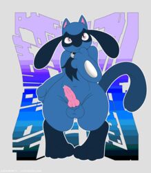 1boy 2015 3_toes abstract_background animal_genitalia anthro belly black_fur blue_fur canine chubby collar cum digital_media_(artwork) erection fur furry hi_res knot male male_only mammal mrpandragon navel nintendo nude original_character penis pink_eyes pokémon_(species) pokemon pokemon_dppt riolu simple_background smile solo standing testicles text thick_penis thick_thighs toes tumblr url video_games watermark wide_hips