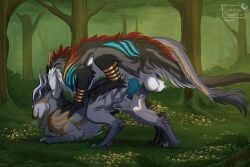 animal_genitalia animal_pussy balls black_body black_fur blue_knot blue_markings blue_penis canine_genitalia canine_pussy dragon duo endermoonfur female feral forest forest_background fur furred_dragon furred_scalie genitals grass grey_body grey_fur hi_res horn knot male male/female markings mythological_creature mythological_scalie mythology nature nature_background orange_horn pawpads penis pink_pawpads plant pussy red_body red_fur scalie tree white_body white_fur white_horn