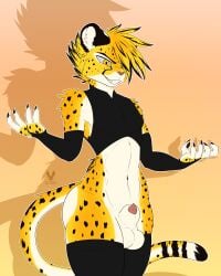 absurd_res animal_genitalia anthro arm_warmers armwear balls bottomless bottomless_anthro bottomless_male cheetah claws clothed clothing crop_top cutefckngbunny eagle_orion evil_grin felid feline fur genitals hair hi_res male mammal markings penis penis_tip shadow sheath shirt simple_background smile solo spots spotted_body spotted_fur tail thick_thighs three-quarter_view topwear wide_hips