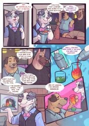 absurd_res alcohol anthro baileyx bartender beer belly beverage border_collie bow_tie canid canine canis clothing cocktail collared_shirt collie comic dialogue domestic_dog dress_shirt english_text herding_dog hi_res male male/male mammal mastiff molosser musclegut muscular pastoral_dog restaurant rottweiler sheepdog shirt size_difference slightly_chubby text topwear vest waiter work_uniform working
