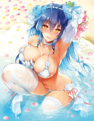 1girls ahoge arm_up bangs blue_hair blush bow breasts cleavage clothed_female collar covered_nipples elbow_gloves eyebrows_visible_through_hair female female_only flowers gloves hair_between_eyes hair_ornament kneeling large_breasts lips long_hair looking_at_viewer momi navel necklace pyon-kti shiny shiny_hair shiny_skin simple_background smile solo thighhighs tongue tongue_out water wet wet_clothes yellow_eyes