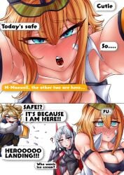 1boy 2d 3girls 3girls1boy artist_request artwork artwork_(digital) blonde_female blonde_hair blue_eyes blush chat_box commander_(nikke) drake_(nikke) goddess_of_victory:_nikke image interuption laplace_(nikke) maxwell_(nikke) nikke offscreen_character offscreen_male questionable rule34 tagme tagme_(artist) white_background white_hair