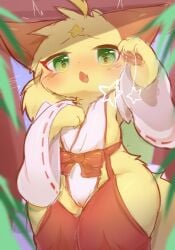 anthro bodily_fluids camel_toe canid canine clothed clothed_female clothing deaic detailed_background female fox fur genital_fluids hi_res kemono mammal solo vaginal_fluids yellow_body yellow_fur yuexiaoxin_(deaic)