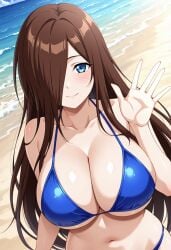 15_bishoujo_hyouryuuki ai_generated bikini blue_bikini blue_bikini_top blue_eyes female female_only hair_over_one_eye huge_breasts kageko_satake large_breasts long_hair looking_at_viewer pale-skinned_female pale_skin smile upper_body very_long_hair