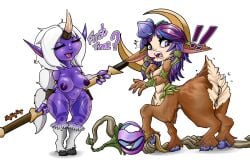 1_horn 3:2 absurd_res accessory animal_ears animal_humanoid anus areola big_breasts breasts brown_body brown_fur closed_eyes deer deer_humanoid deer_taur dialogue duo exclamation_point eyelashes faun female flower flower_in_hair fur genitals hair hair_accessory hi_res holding_object holding_staff hooves horn horned_humanoid humanoid humanoid_pointy_ears hybrid league_of_legends leg_markings lillia_(lol) long_hair mammal mammal_humanoid mammal_taur markings navel nightlydayart nipples nude open_mouth pink_areola pink_horn pink_nipples plant pointy_ears purple_areola purple_body purple_eyes purple_hair purple_markings purple_nipples pussy riot_games short_stack simple_background small_breasts soraka staff tan_body tan_fur tan_skin taur tencent text thigh_markings white_background white_hair yordle