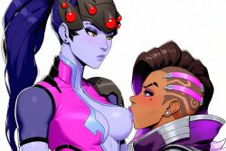 ai_art ai_generated blank_expression blue_hair blue_skin bodily_fluids bodysuit breast_sucking brown_skin cybernetics headgear high_quality makeup mole novelai overwatch ponytail purple_eyes purple_lipstick side_view sombra stud_earrings upper_body_only white_background widowmaker yellow_eyes yuri
