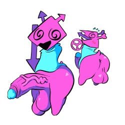 2025 2_horns anthro anus armless ass balls big_balls big_penis black_eyes blue_clothing blue_glans blush blush_lines clothing computer_virus_(species) darkner deltarune digital_creature digital_media_(artwork) emanata erection f_d_e_i_a featureless_legs genitals glans glistening glistening_balls glistening_butt glistening_genitalia hi_res horn huge_balls huge_cock humanoid_genitalia humanoid_penis male male_anthro open_mouth penis pink_balls pink_body pink_butt pink_horn pink_penis pink_tail red_blush short_tail simple_background spiral spiral_eyes standing sweat_emanata tail thick_thighs undertale_(series) vein veiny_penis virovirokun white_background wide_hipped_male wide_hips