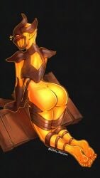 1girls armor ass bethesda_softworks black_background female female_only fire flame flame_atronach harts_sketches looking_at_viewer looking_back oblivion simple_background soles solo the_elder_scrolls