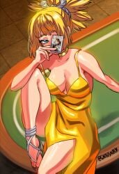 1girls alternate_costume blonde_hair breasts card dr.stone dress female gamusaur gold_dress kohaku_(dr.stone) official_alternate_costume playing_card yellow_dress