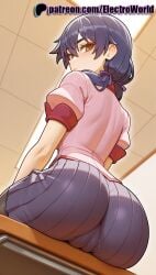 1girls 2025 ai_generated artist_name ass bakemonogatari desk electroworld female from_behind hair_ribbon hi_res high_quality high_resolution highres kanbaru_suruga looking_back monogatari_(series) on_desk pantylines patreon patreon_username ribbon school_desk short_sleeves solo stable_diffusion watermark
