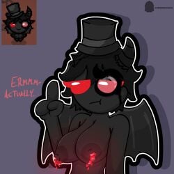 azazel_(the_binding_of_isaac) big_breasts black_body black_hair breasts demon_girl dialogue dripping_milk flat_background hat horns monocle one_color_background pixel_art pointing red_eyes reference_image rule_63 simple_shading tagme text the_binding_of_isaac twitter_username wings