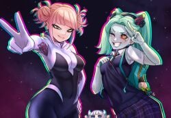 2girls blue_bag bodysuit boku_no_hero_academia cosplay cyberpunk:_edgerunners cyberpunk_2077 earrings jewelry marvel multiple_girls my_hero_academia necktie one_eye_closed peni_parker_(cosplay) pietheunusual rebecca_(edgerunners) spider-gwen_(cosplay) spider-man:_across_the_spider-verse spider-man:_into_the_spider-verse spider-man_(series) spider-verse toga_himiko unusualpie v