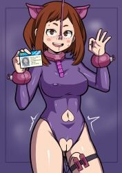 1girls argrim condom_dispenser condom_wrapper erect_nipples exposed_pussy exposing female female_only free_use id_card latex latex_bodysuit multiple_vibrators my_hero_academia nose_hook ochako_uraraka pig_ears slut_collar vibrator vibrator_in_ass vibrator_in_pussy vibrators