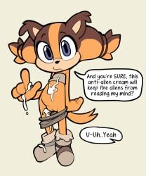 1girls 2025 5:6 anthro badger blue_eyes bodily_fluids bottomwear bottomwear_down clothed clothing crop_top cum cum_on_belly cum_on_body cum_on_hand cum_on_leg english_text female footwear genital_fluids genitals hi_res itsunknownanon looking_at_viewer mammal mustelid musteline orange_body partially_clothed pussy question_mark sega shirt shoes shorts shorts_down solo sonic_boom sonic_the_hedgehog_(series) speech_bubble sticks_the_badger sticks_the_jungle_badger text topwear young young_anthro young_female